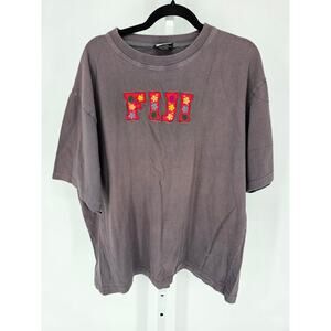 Vtg 1990s Fiji Womens Sz XXL Short Sleeve T Shirt Taupe Floral Embroidered